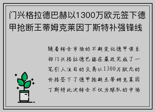 门兴格拉德巴赫以1300万欧元签下德甲抢断王蒂姆克莱因丁斯特补强锋线